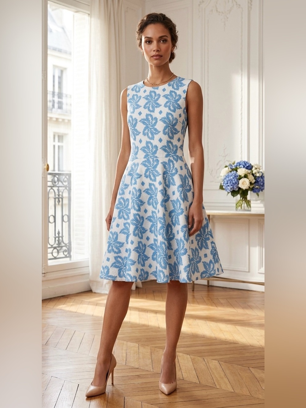 Diane Von Furstenberg White Midi Dress with Blue Floral Print